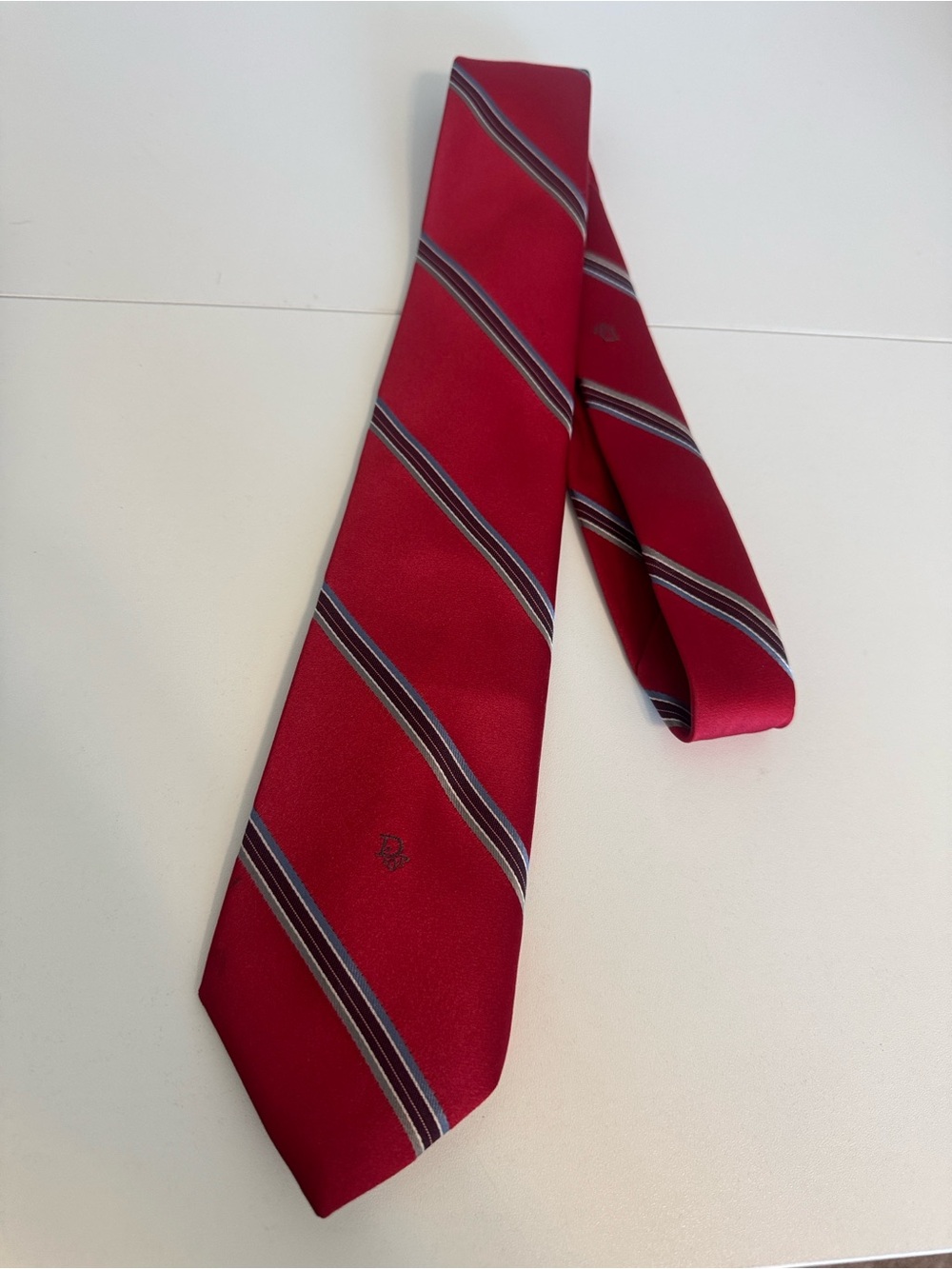 Christian Dior Red Stripe Neck Tie Italy Designer Logo Necktie